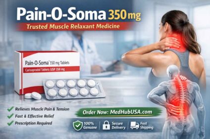 Pain-O-Soma 350 mg tablets box and blister pack for muscle pain relief treatment